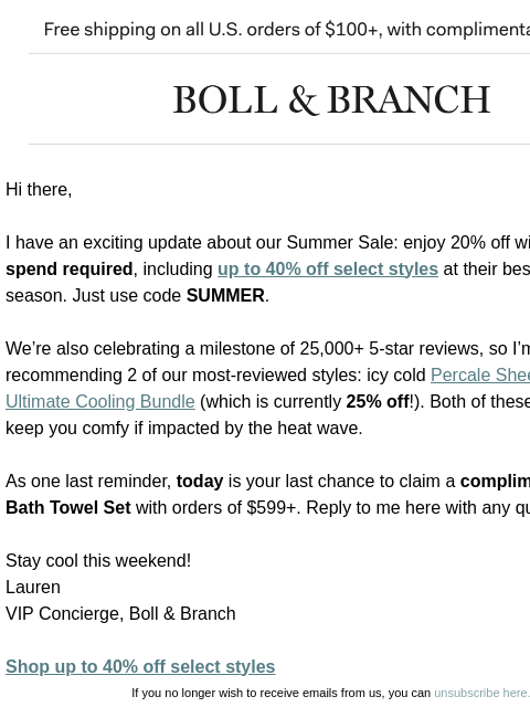 bollandbranch newsletter: Starting now, save with no minimum spend