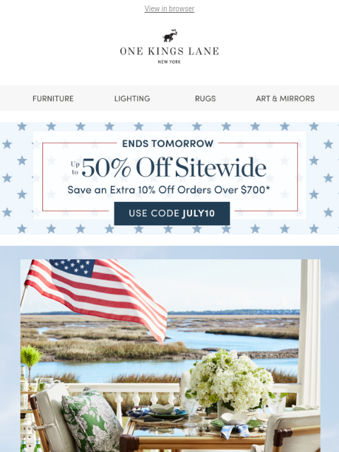 onekingslane newsletter: Up to 50% Off + Extra 10% 🇺🇸✨ Stars, Stripes & S...