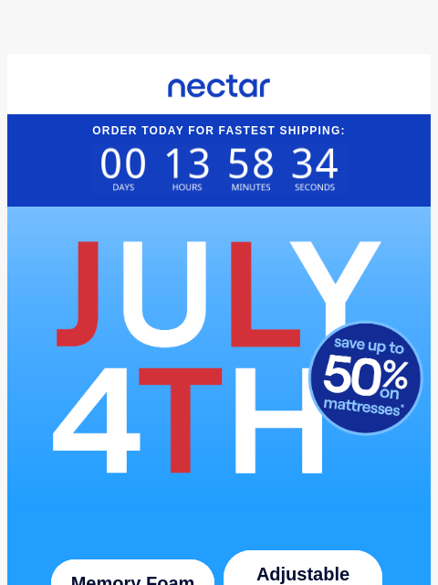 nectarsleep newsletter: Celebrate the 4th 🎆: up to 50% saved on mattresse...