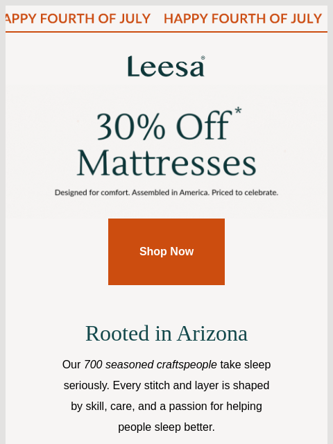 leesasleep newsletter: Our 4th of July gift to you: 30% off* mattresses