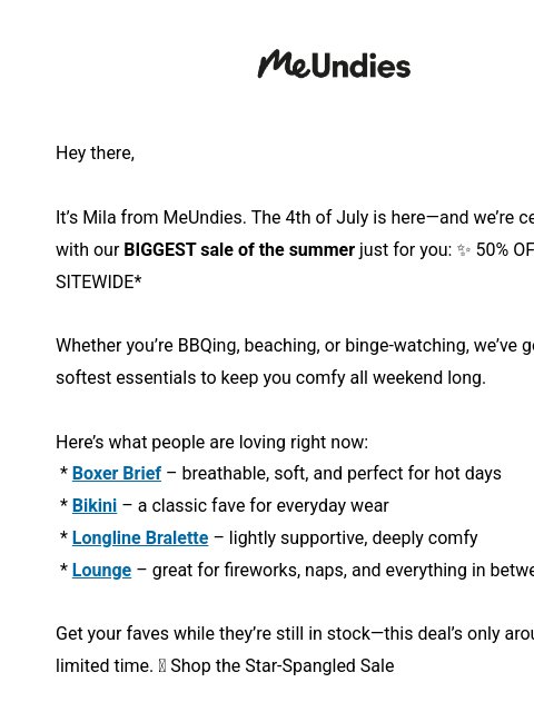 meundies newsletter: You + 50% Off = Fireworks