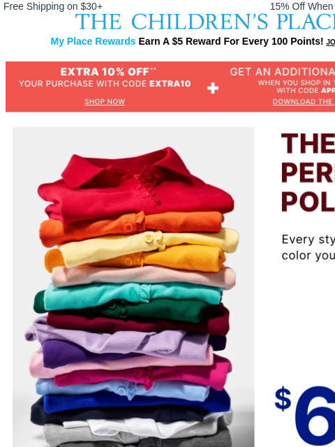 childrensplace newsletter: $6 & Up polos in *every* color!