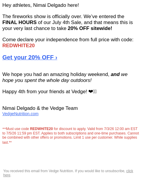 vedgenutrition newsletter: 🎆 Say Goodbye to 20% OFF!