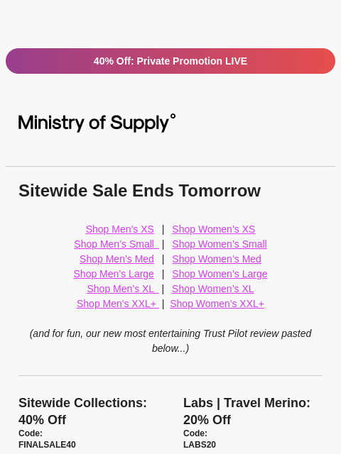 ministryofsupply newsletter: 24 Hours To Go: SITEWIDE SALE