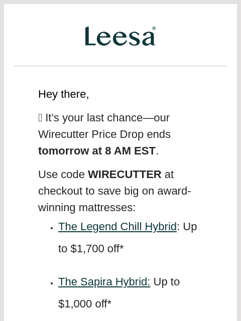 leesasleep newsletter: The Wirecutter Price Drop ends soon