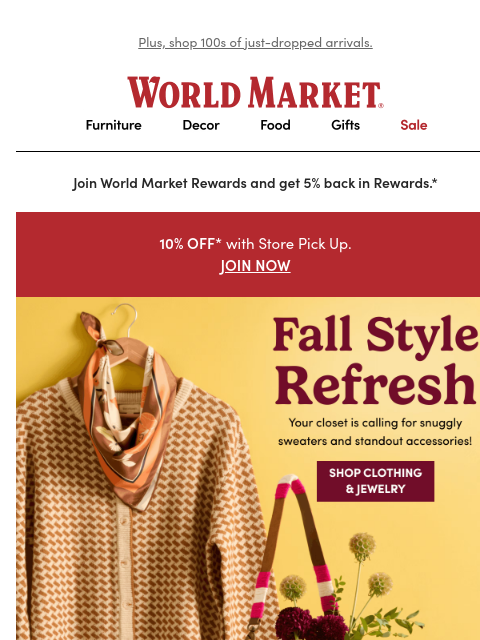 emailworldmarket newsletter: NEW! Fall sweaters & accessories are here. 🍂 