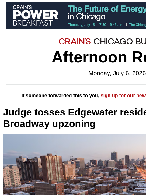 crainalerts newsletter: Judge tosses lawsuit over Broadway upzoning