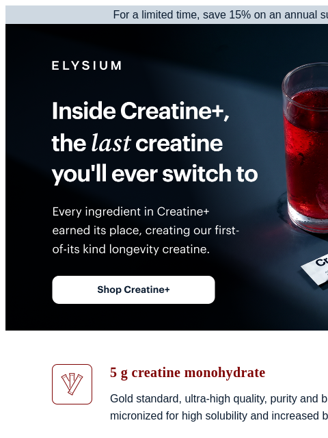 elysiumhealth newsletter: Save 15% on the Creatine+ 3-in-1 system