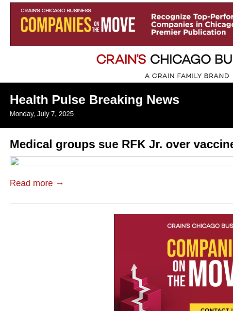 crainalerts newsletter: Medical groups sue RFK Jr. over vaccine policy