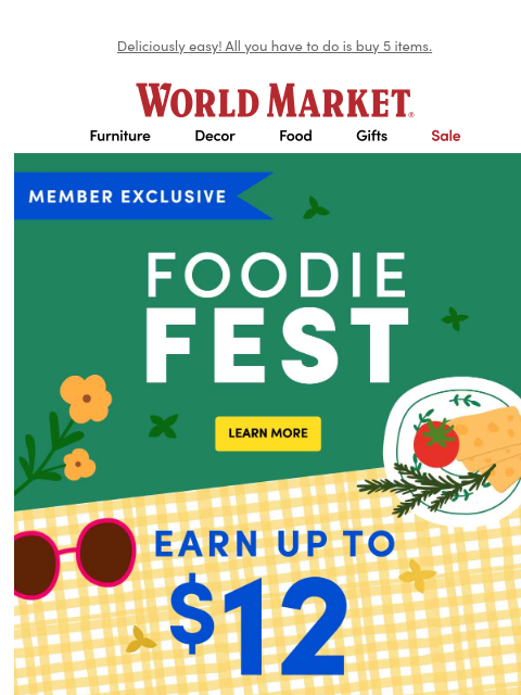 emailworldmarket newsletter: 🍲🍷🍫 Play to earn $12 in Rewards during FOODIE F...