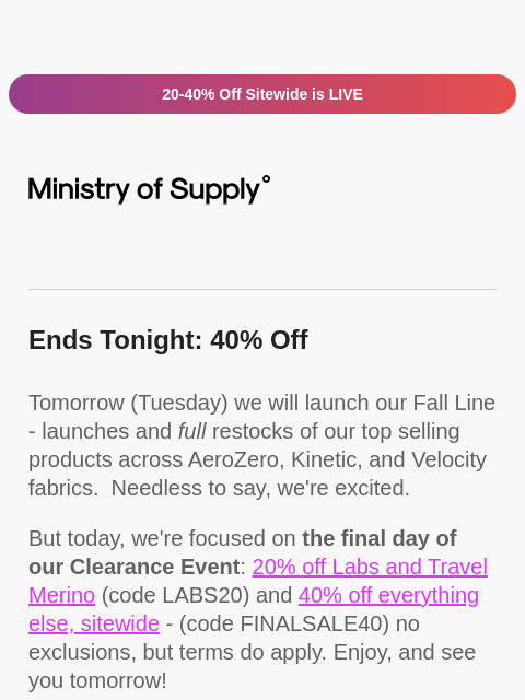 ministryofsupply newsletter: Clearance ENDS NOW (and Chai Tea Sludge)