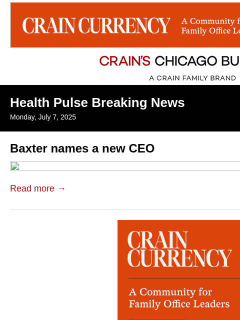 crainalerts newsletter: Baxter names new CEO