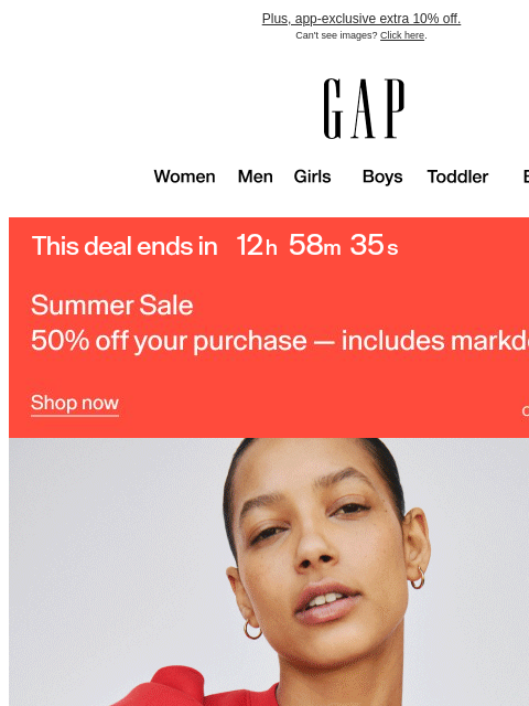 gap newsletter: Re: 50% off your purchase at our Summer Sale