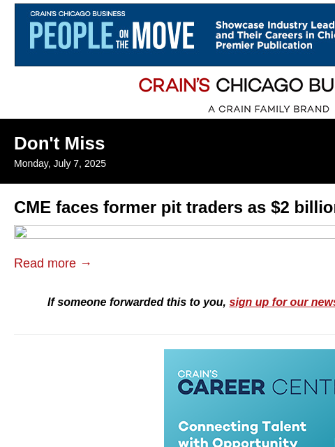 crainalerts newsletter: CME faces former pit traders as $2B trial kicks of...