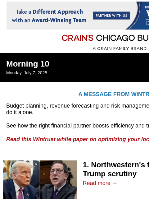 crainalerts newsletter: Northwestern's year-long clash with Trump