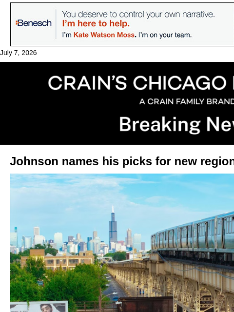 crainalerts newsletter: Johnson names picks for new regional transit board