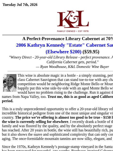 klwines newsletter: 20-Year Winery-Direct Cabernet for $59.95
