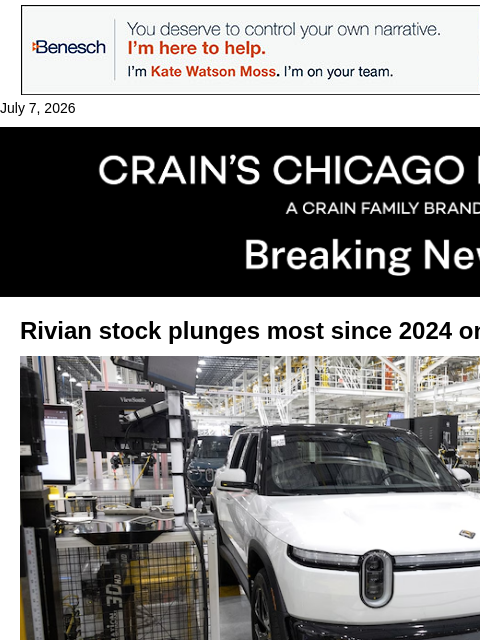 crainalerts newsletter: Rivian stock plunges on share sale news