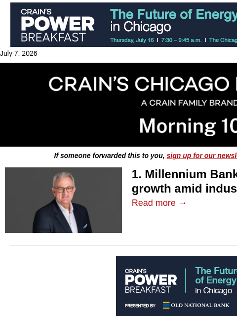 crainalerts newsletter: Millennium Bank CEO sets sights on growth