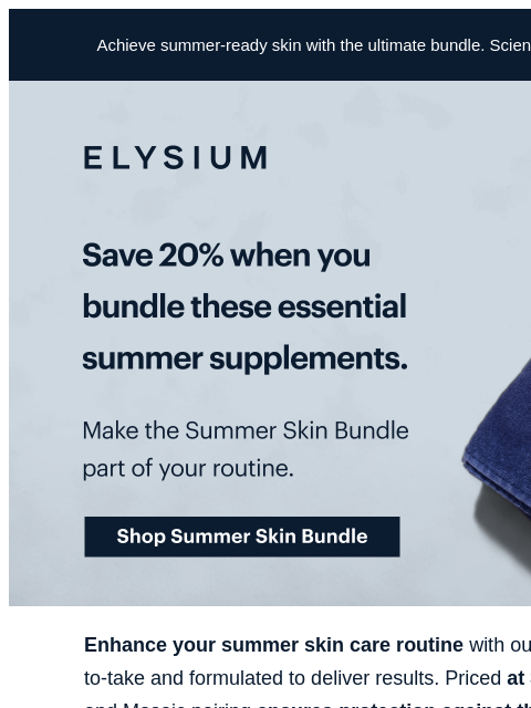 Basis and Mosaic—your summer skin allies. Achieve summer-ready skin with the ultimate bundle. Science-backed results meet 20% savings. ELYSIUM | Save 20% when you bundle these essential summer