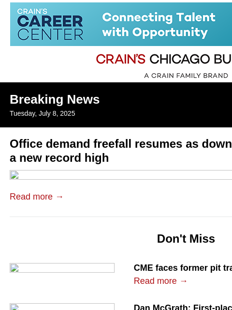 crainalerts newsletter: Downtown office demand freefall