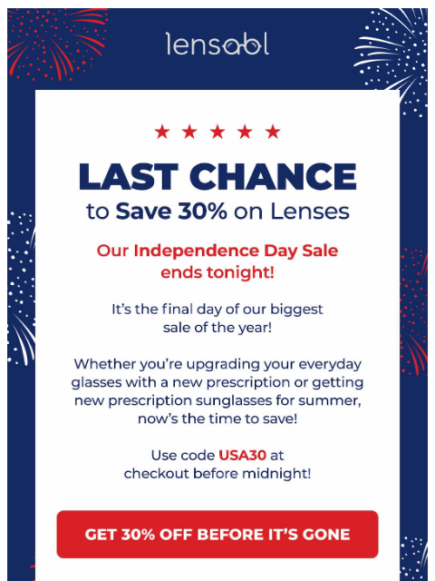 lensabl newsletter: 30% Off Lenses Ends Tonight ⏰🇺🇸