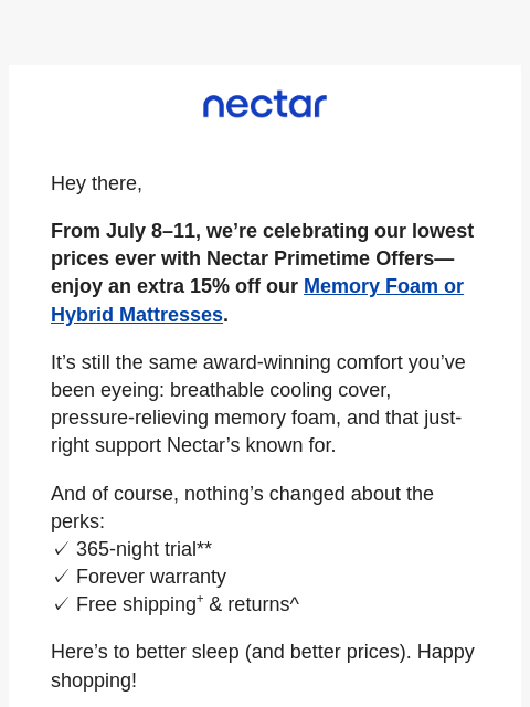 nectarsleep newsletter: 4 Days Only: EXTRA 15% Off. Stack Your Savings! 💰