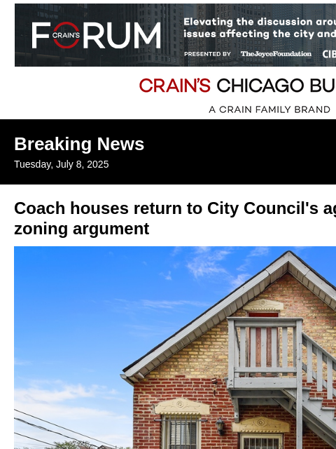 crainalerts newsletter: Chicago's coach house debate is heating up again