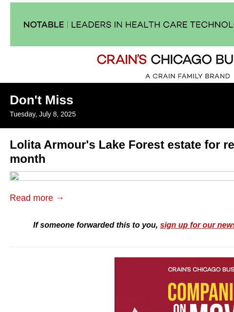 crainalerts newsletter: Lolita Armour's Lake Forest estate for rent