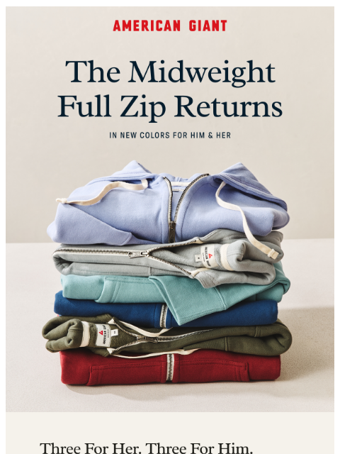 american-giant newsletter: New colors on the Midweight Full Zip
