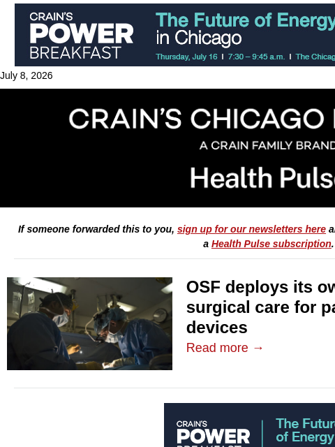 crainalerts newsletter: OSF rolls out homegrown surgery safety tool