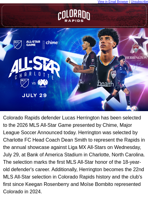 thecoloradorapids newsletter: Lucas Herrington Named to 2026 MLS All-Star Game, ...