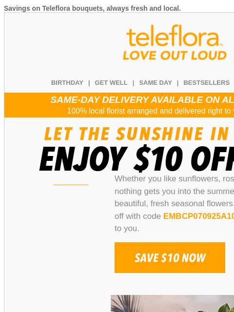 teleflora newsletter: $10 Off Gorgeous Summer Flowers 🌻