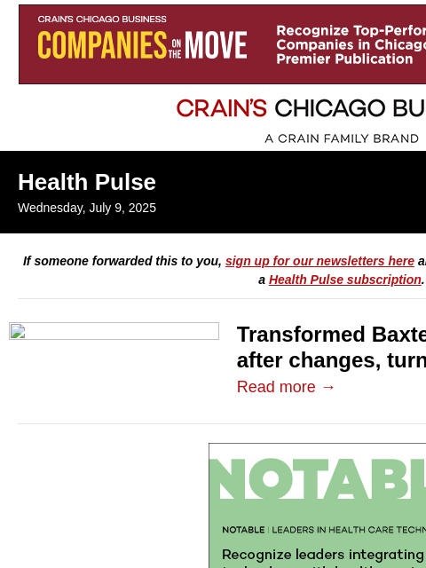 crainalerts newsletter: Baxter turns to outsider CEO