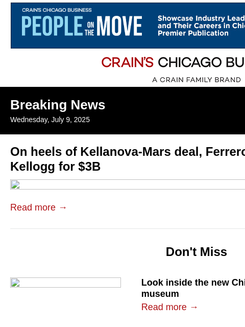 crainalerts newsletter: Ferrero reportedly eyes $3B Kellogg deal
