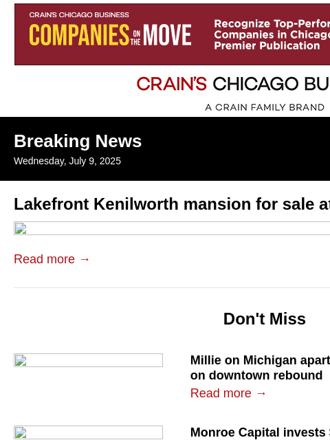 crainalerts newsletter: Kenilworth mansion listed for $15M