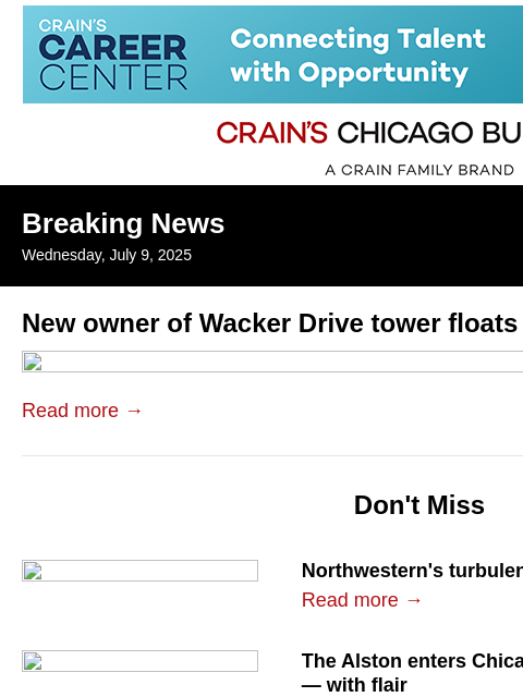 crainalerts newsletter: Wacker Drive tower owner floats hotel conversion p...