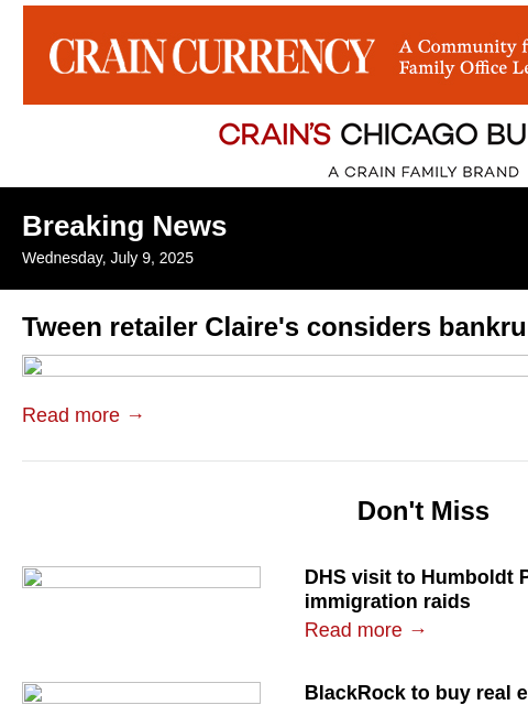 crainalerts newsletter: Tween retailer Claire's eyes bankruptcy