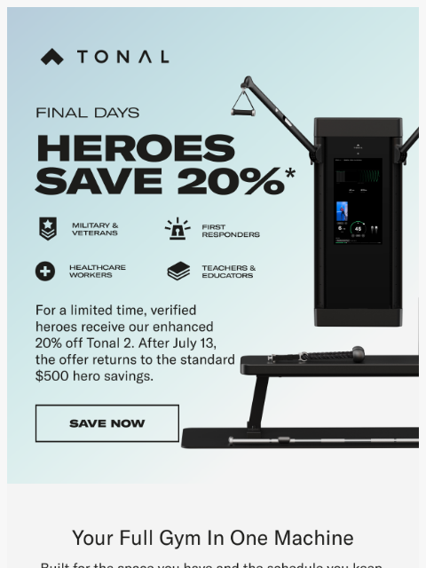tonal newsletter: Final days to save 20% on Tonal 2