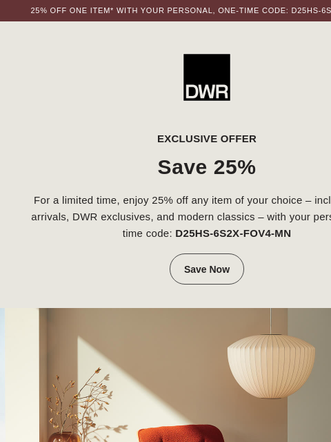 dwr newsletter: Exclusive offer: 25% off one item of your choice