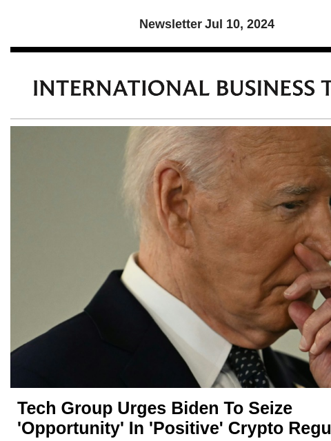 Newsletter Jul 10, 2024 Tech Group Urges Biden To Seize 'Opportunity' In 'Positive' Crypto Regulation Before Elections President Biden has yet to be vocally supportive of the crypto