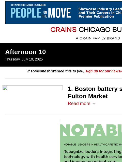 crainalerts newsletter: Boston battery startup moving to Fulton Market