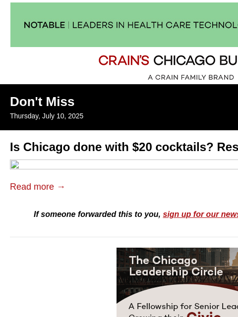 crainalerts newsletter: Is the era of $20 cocktails over?