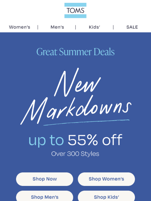 toms newsletter: New Markdowns! Up to 55% Off Summer Styles