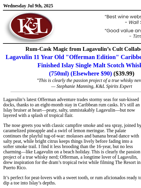 klwines newsletter: Rare Rum-Cask Lagavulin—Now 60% Off  