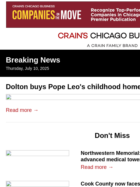 crainalerts newsletter: Dolton buys Pope Leo's childhood home
