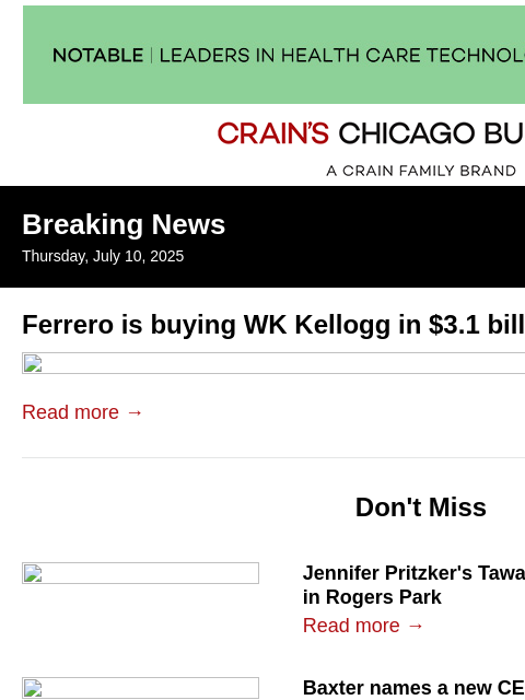 crainalerts newsletter: Ferrero buying Kellogg in $3.1B deal