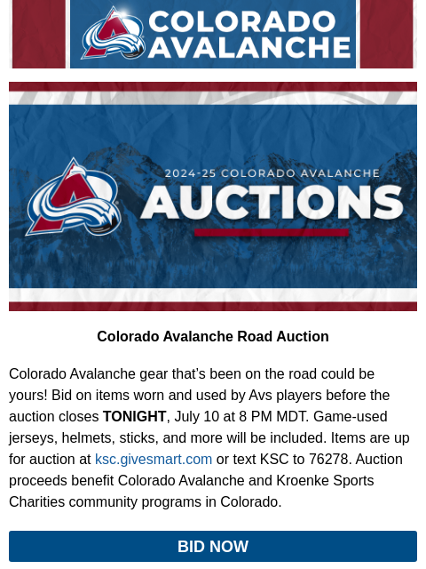 thecoloradoavalanche newsletter: 🏔️ Final Hours: Bid on Game-Used Avs Gear