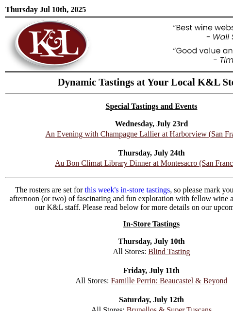klwines newsletter: K&L Tastings: Famille Perrin: Beaucastel & Beyond,...