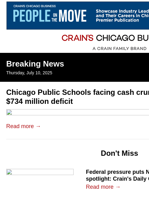crainalerts newsletter: CPS facing cash crunch